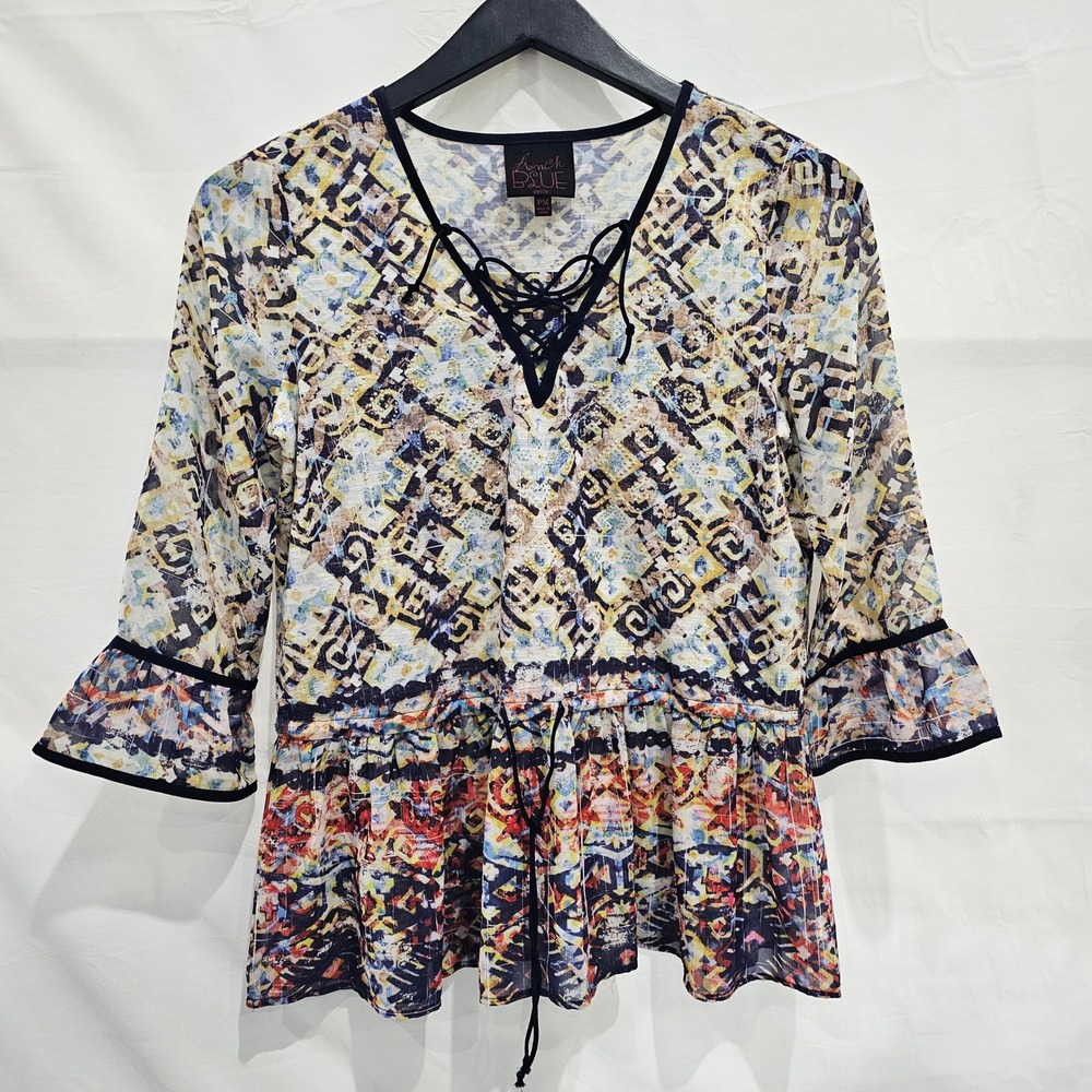 French Blue Petite Medium Multi-Color Lace Up Peplum Blouse Boho Artsy Festival